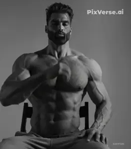 gigachad, beard, beatbox, black eyes, black hair, buff, chair, gray background, gray skin, hair