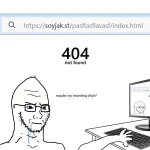 soyak, soyak (irritated), 404 images, 1soyjak, 404, at computer, at keyboard, bald, black eyes, black text