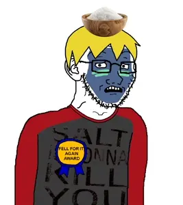 nate higgers, soyak, soyak (concerned), natejak, 1soyjak, award, badge, black eyes, blonde hair, blue skin