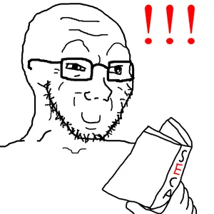 soyak, 1soyjak, bald, book, closed mouth, colored text, exclamation mark, eyes, glasses, hand