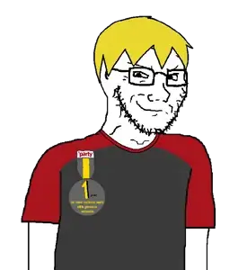 nate higgers, soyak, soyak (smug), natejak, 1 year on bald men with glasses website, 1soyjak, badge, blonde hair, closed mouth, clothes