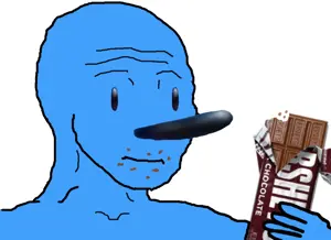 blue hershey, sonic the hedgehog, wojak, black eyes, candy, chocolate, closed mouth, eating, food, holding object