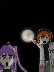 adachi rei, tsukumo shion, two pointing soyjaks, black background, clothes, dark sky, front wiev, jacket, moon, orange eyes