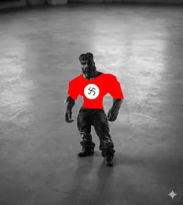 gigachad, terachad, black hair, buff, closed mouth, gray skin, hair, mini, minichad, nazi