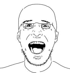 patrick bateman, unknown, 1soyjak, ear, ears, glasses, looking at you, open mouth, stubble, teeth