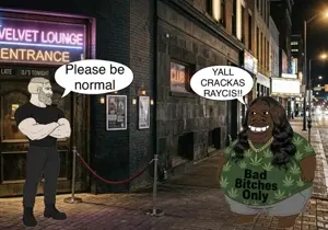 yes chad, 2soyjaks, advertisement, beard, black eyes, black hair, black skin, blonde hair, blue eyes, buff
