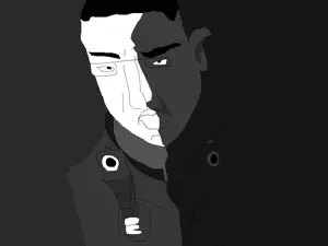 chudjak, akimbo, angry, closed mouth, clothes, ear, glasses, gun, hair, hands