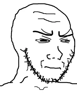 soyak, soyak (irritated), 1soyjak, bald, closed mouth, forced meme, forehead lines, frown, looking to the right, monochrome