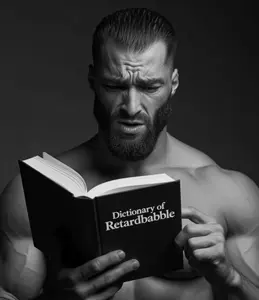 gigachad, beard, black eyes, black hair, book, buff, confused, dictionary, ear, front view