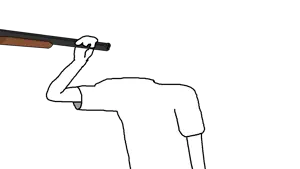 clothes, double barrel shotgun, gun, holding, holding object, shotgun, suicide, t shirt, transparent background, uncolored skin