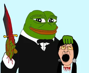 pepe, 1soyjak, almost full body, amphibian, animal, bald, black eyes, blue background, bowtie, closed mouth