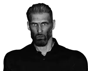 der coomer, gigachad, gigacoomer, 1nas, beard, black hair, black shirt, closed mouth, clothes, ear