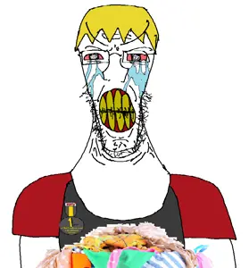 nate higgers, chudjak, soyak, chudjak front, natejak, 1soyjak, angry, black eyes, blonde hair, bloodshot eyes