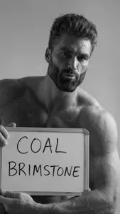 gigachad, gigachaded, beard, black hair, buff, front view, gem, goatee, gray background, gray skin