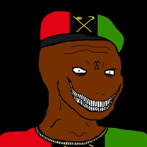 psycho wojak, wojak, black background, black eyes, black skin, clothes, hat, hutu, open eyes, open mouth