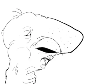 bald, big nose, cheeks, chinlet, long neck, monochrome, neck, no beard, no chin, no glasses