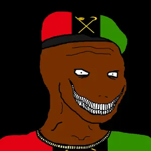 psycho wojak, wojak, bald, beret, black background, black eyes, brown skin, clothes, half open mouth, hat