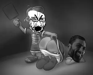 gigachad, cryboy soyjak, 2soyjaks, ass, asterix, beard, cleavage, clothes, crying, full body