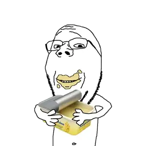 gapejak, wholesome soyjak, 1soyjak, arm, bald, food, front view, glasses, half body, half open mouth