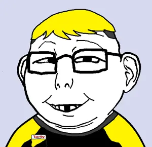 kuzjak, kevin, 1soyjak, anarcho-capitalism, ancap, badge, blonde hair, blue background, clothes, ear