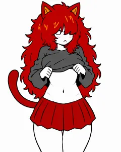 tama, :<, belly, belly button, big hair, blush, breasts, cat ears, catgirl, closed mouth