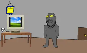 gapejak, mustached gapejak, 1soyjak, award, bald, black eyes, closed mouth, computer, desk, drawn background