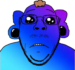 bernd, gapejak, wholesome soyjak, 1soyjak, big eyes, black eyes, blue skin, brown hair, colorful, ear