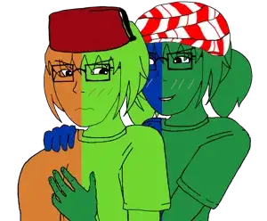 soyak, soygirl, femjak, soygirlfriend, 2soyjaks, biting lip, black eyes, blush, blush lines, closed mouth