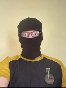 lars, nate higgers, natejak, irl soyjaks, real mascots, 1 year on bald men with glasses website, balaclava, cosplay, front view, irl background