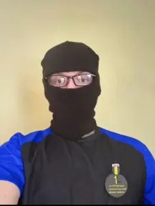jake, nate higgers, natejak, irl soyjaks, real mascots, 1 year on bald men with glasses website, balaclava, blue shirt, cosplay, front view