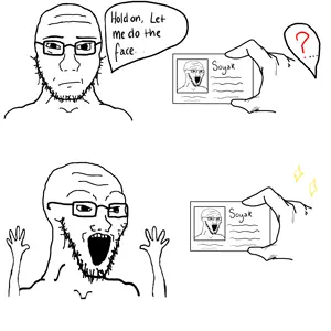 soyak, bald, black eyes, closed mouth, confused, forehead lines, gaping mouth, glasses, hand, hands