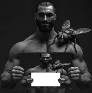 gigachad, gigafly, nophono, animal, beard, black and white, buff, bug, bugs, emotion