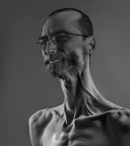 gigachad, 1nas, beard, black hair, cleavage, glasses, gray background, gray skin, hair, half open mouth