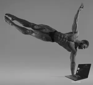 gigachad, beard, buff, computer, full body, gray background, gray skin, hair, handstand, laptop