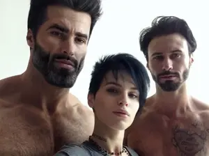 gigachad, 2nas, beard, black hair, buff, closed mouth, clothed, clothes, ernest khalimov, female