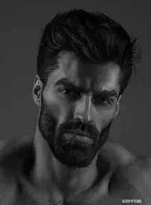 gigachad, classic gigas, beard, black and white, black hair, buff, closed mouth, ear, face, front view