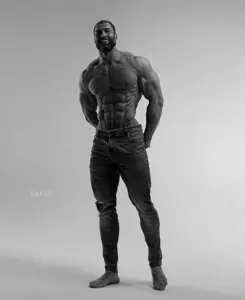 gigachad, classic gigas, beard, biceps, buff, clothes, full body, gray background, gray skin, grayscale