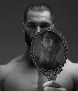 gigachad, 2nas, beard, black hair, buff, ernest khalimov, front view, gray background, gray skin, grayscale