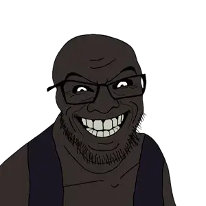 scp-106, feraljak, feralgrin, 1soyjak, bald, black sclera, closed mouth, front view, glasses, grin