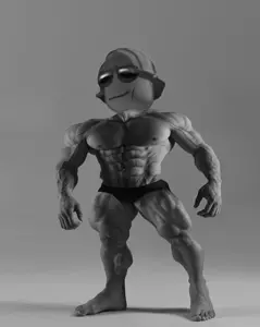 gigachad, beard, buff, closed mouth, covered eyes, dwarf, full body, glasses, gray, gray background