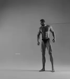 gigachad, ack, beard, black hair, buff, closed mouth, full body, gray background, gray skin, hair