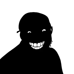 feraljak, feralgrin, accessory, bald, black skin, glasses, grin, looking at you, no nose, open eyes