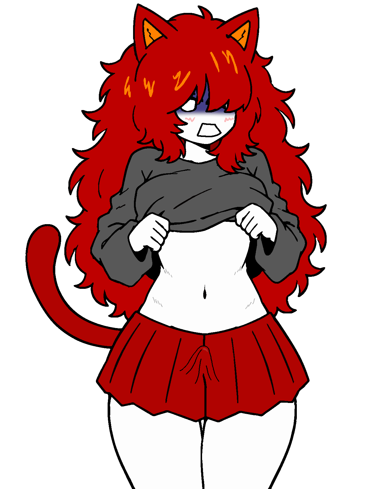 tama, belly, belly button, big hair, blush, boner, breasts, bulge, cat ears, catgirl