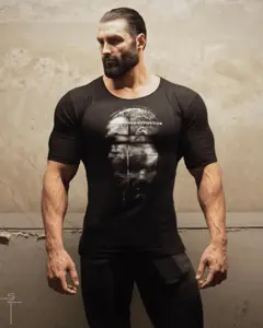 gigachad, classic gigas, almost full body, beard, black hair, buff, closed mouth, clothed, clothes, ernest khalimov