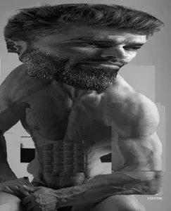 gigachad, beard, big head, black hair, buff, chair, closed mouth, edited, ernest khalimov, full body