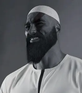 gigachad, kratos, beard, black hair, buff, cap, clothes, gray background, gray skin, grayscale