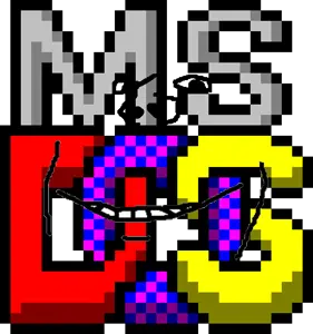 impish soyak ears, 1soyjak, black eyes, colored text, logo, looking at you, ms dos, pixel art, smile, soyjak