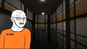 soyak, soyak (concerned), 1soyjak, bald, black eyes, concerned, glasses, half body, half open mouth, jumpsuit