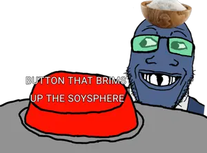 markiplier soyjak, grinlook poggers, grinplier, 1soyjak, bald, black eyes, blue skin, button that does nothing, clothes, front view
