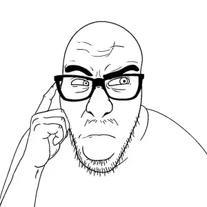 slitherjak, 1soyjak, big nose, black eyes, front view, glasses, grumpy, hand, looking to the left, mustache